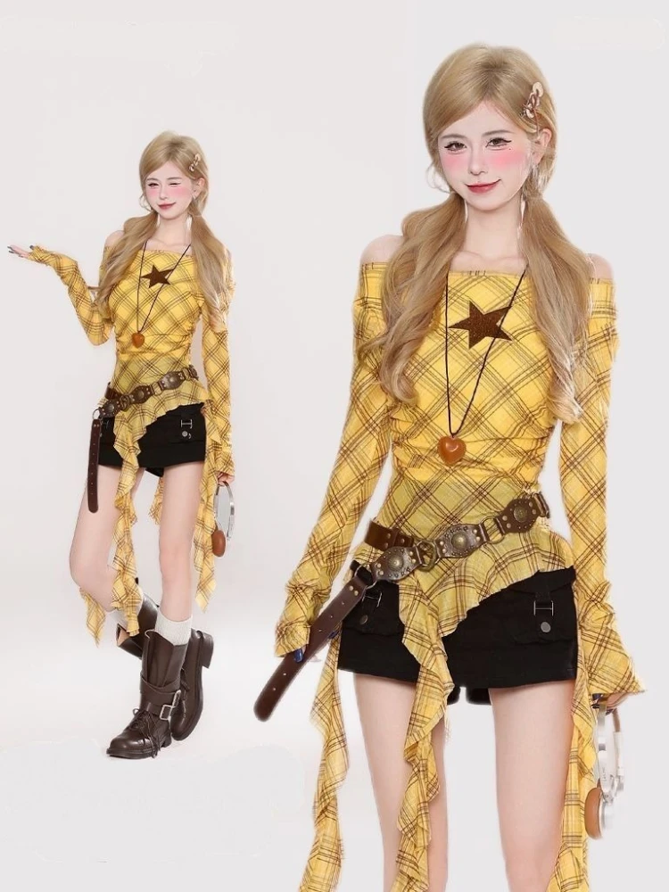 Y2K Plaid Slash Neck Vintage T - огляд і ціна Vintage Fashion Women