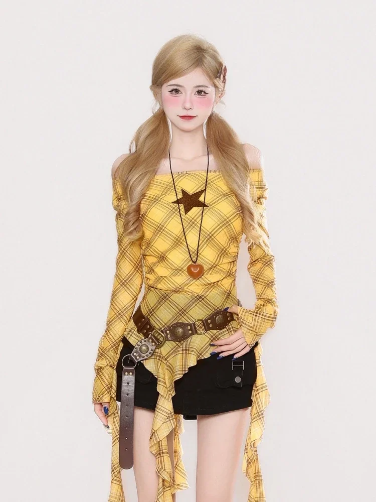 Y2K Plaid Slash Neck Vintage T - огляд і ціна Vintage Fashion Women