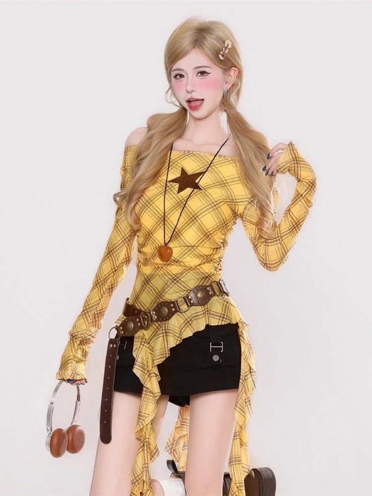 Y2K Plaid Slash Neck Vintage T - огляд і ціна Vintage Fashion Women
